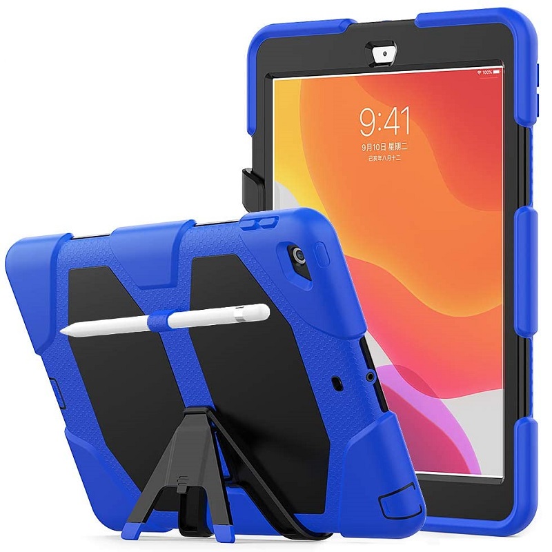 iPad 10.2 Inch 2019 Case  Three Layer Heavy Duty Shockproof Protective with Kickstand Bumper Cover Blue