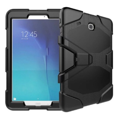 Samsung Galaxy Tab E 9.6 Inch T560 - Three Layer Heavy Duty Shockproof Protective with Kickstand Bumper Case Black