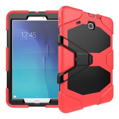 Samsung Galaxy Tab E 9.6 Inch T560 - Three Layer Heavy Duty Shockproof Protective with Kickstand Bumper Case Red