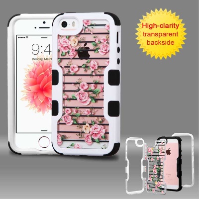 iPhone SE/5S/5 MYBAT Natural Ivory White Frame+Transparent Pink Fresh Roses PC Back/Black TUFF Vivid Hybrid Protector Cover