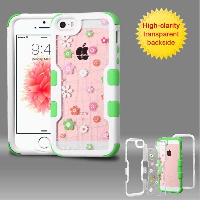 iPhone SE/5S/5 MYBAT Natural Ivory White Frame+Transparent Tiny Blossoms PC Back/Electric Green TUFF Vivid Hybrid Protector Cover