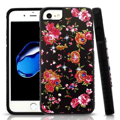 iPhone SE(2nd Gen) and iPhone 7/8 Case Romantic Love Flowers/Black Diamante Hybrid Protector Cover
