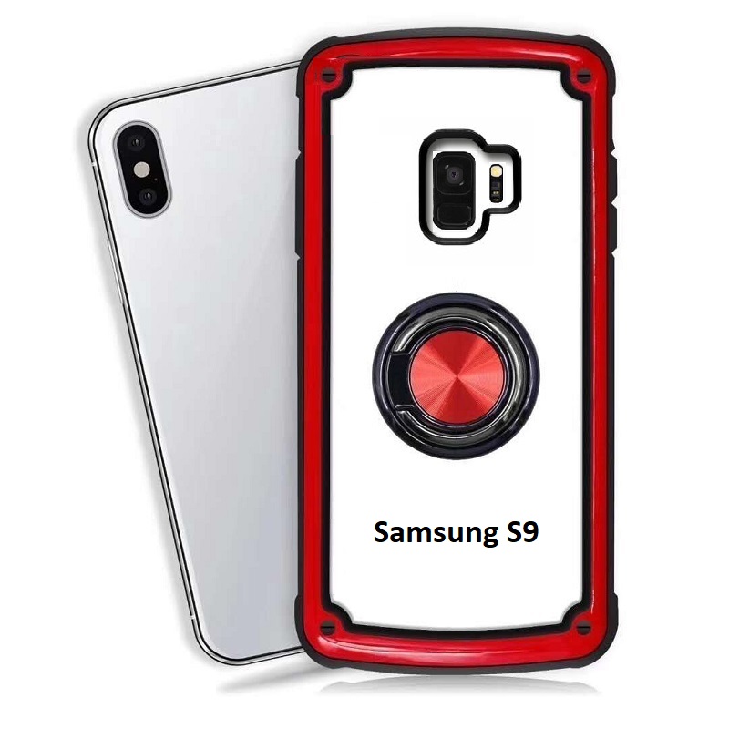 Samsung Galaxy S9 Clear Back Shockproof Cover With Ring Holder Red